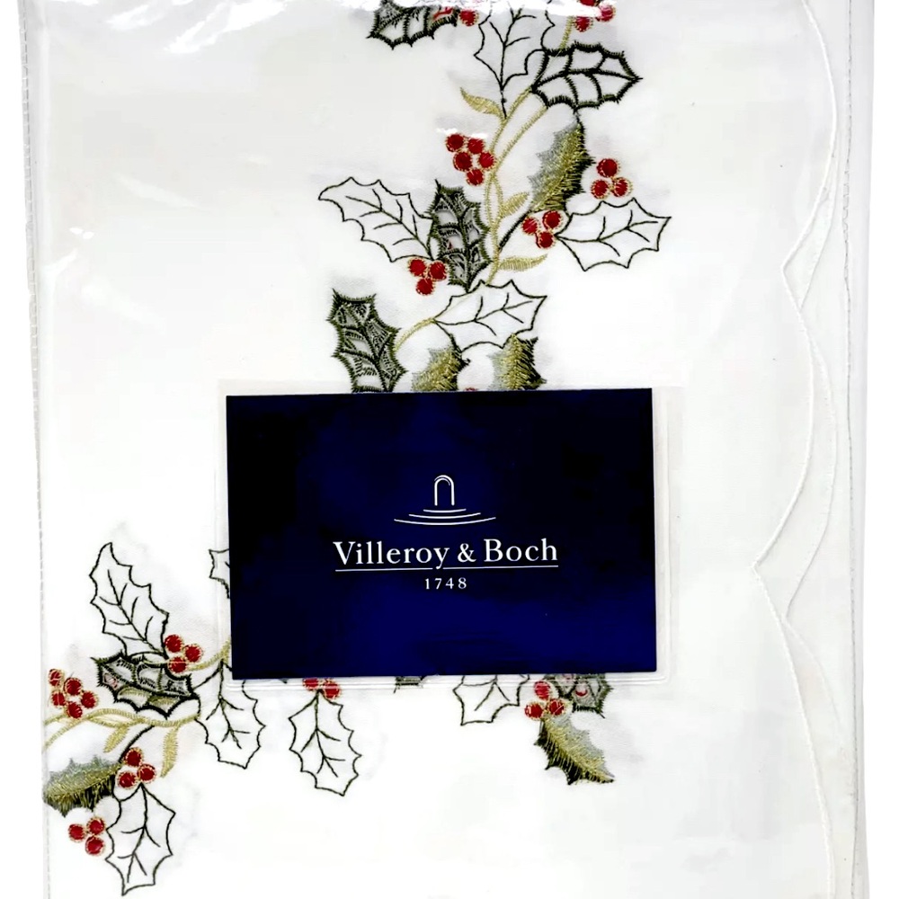 Villeroy & Boch  60 x 102 Gold Embroidered Holly Branch Christmas Tablecloth NEW